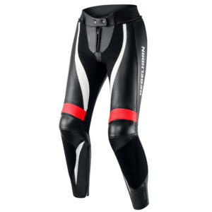 SPODNIE MOTOCYKLOWE SKÓRZANE DAMSKIE REBELHORN REBEL BLACK FLUO RED WHITE