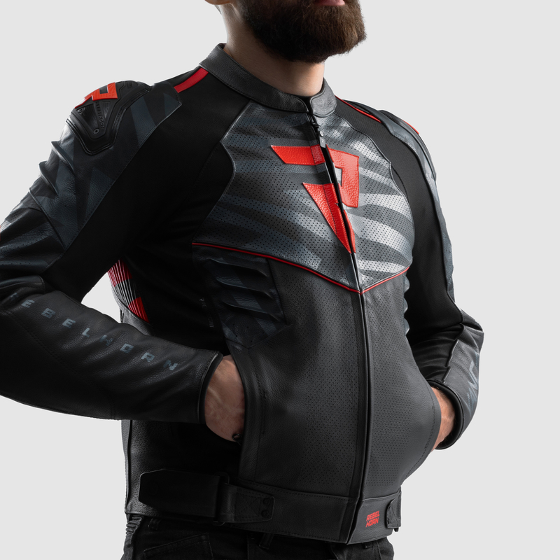 KURTKA MOTOCYKLOWA SKÓRZANA REBELHORN VANDAL 2 BLACK GREY FLUO RED - obrazek 6